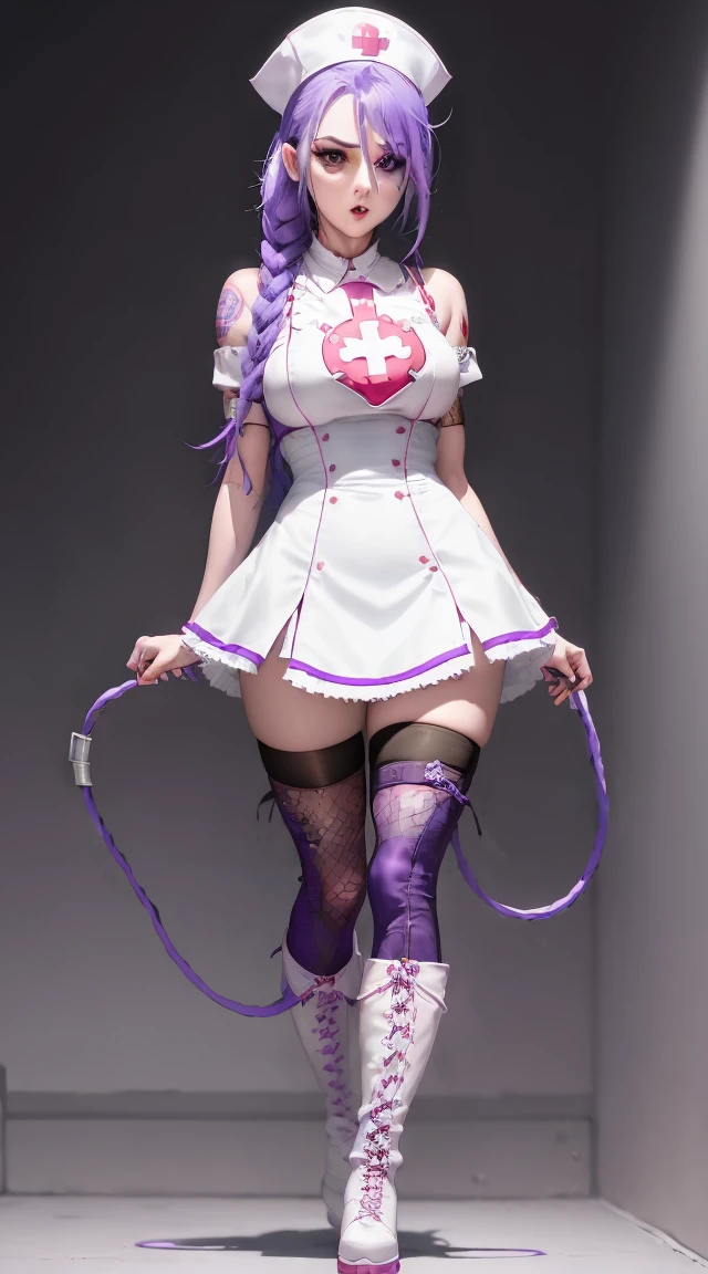 Jinx Nurse，Nurse Hat，(White nurse costume)，Rote Rose Tattoo am Arm，Blue twisted braid，Runaway Lori，League of Legends ，Full body，(knee-high boots)),purple rosin mesh leggings),(stand on one&#39;s feet)，The background is dark and hard，There is a feeling of danger and intensity。