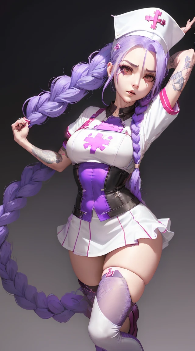 Jinx Nurse，Nurse Hat，(White nurse costume)，Rote Rose Tattoo am Arm，Blue twisted braid，Runaway Lori，League of Legends ，Full body，(knee-high boots)),purple rosin mesh leggings),(stand on one&#39;s feet)，The background is dark and hard，There is a feeling of danger and intensity。