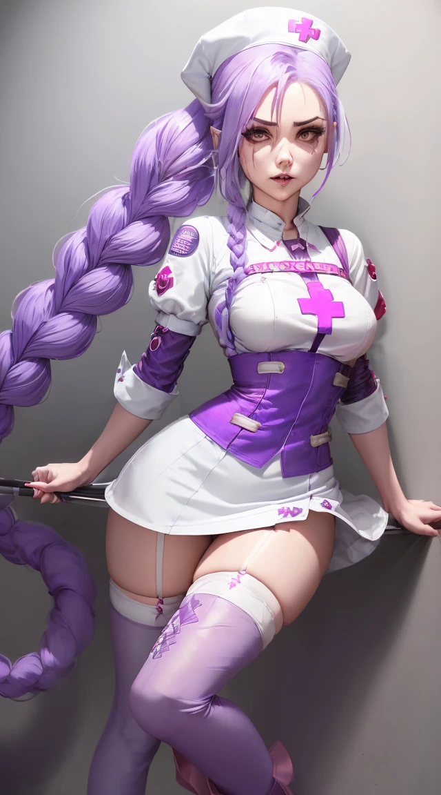 Jinx Nurse，Nurse Hat，(White nurse costume)，Rote Rose Tattoo am Arm，Blue twisted braid，Runaway Lori，League of Legends ，Full body，(knee-high boots)),purple rosin mesh leggings),(stand on one&#39;s feet)，The background is dark and hard，There is a feeling of danger and intensity。