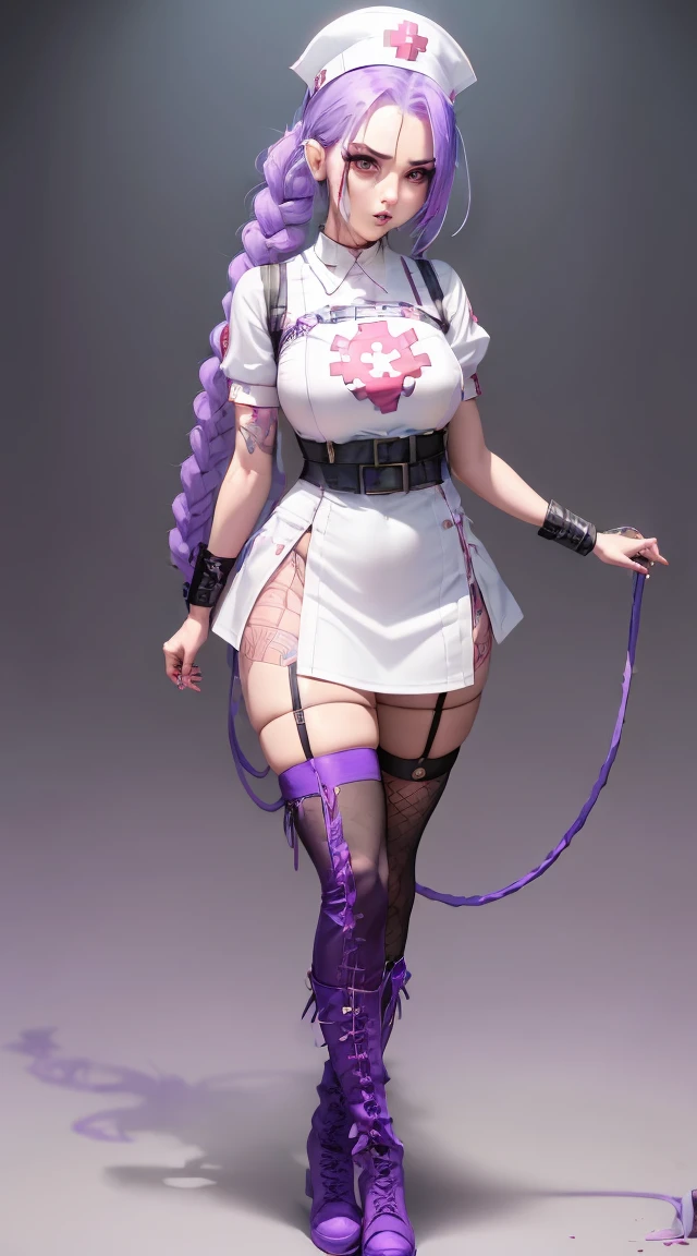 Jinx Nurse，Nurse Hat，(White nurse costume)，Rote Rose Tattoo am Arm，Blue twisted braid，Runaway Lori，League of Legends ，Full body，(knee-high boots)),purple rosin mesh leggings),(stand on one&#39;s feet)，The background is dark and hard，There is a feeling of danger and intensity。