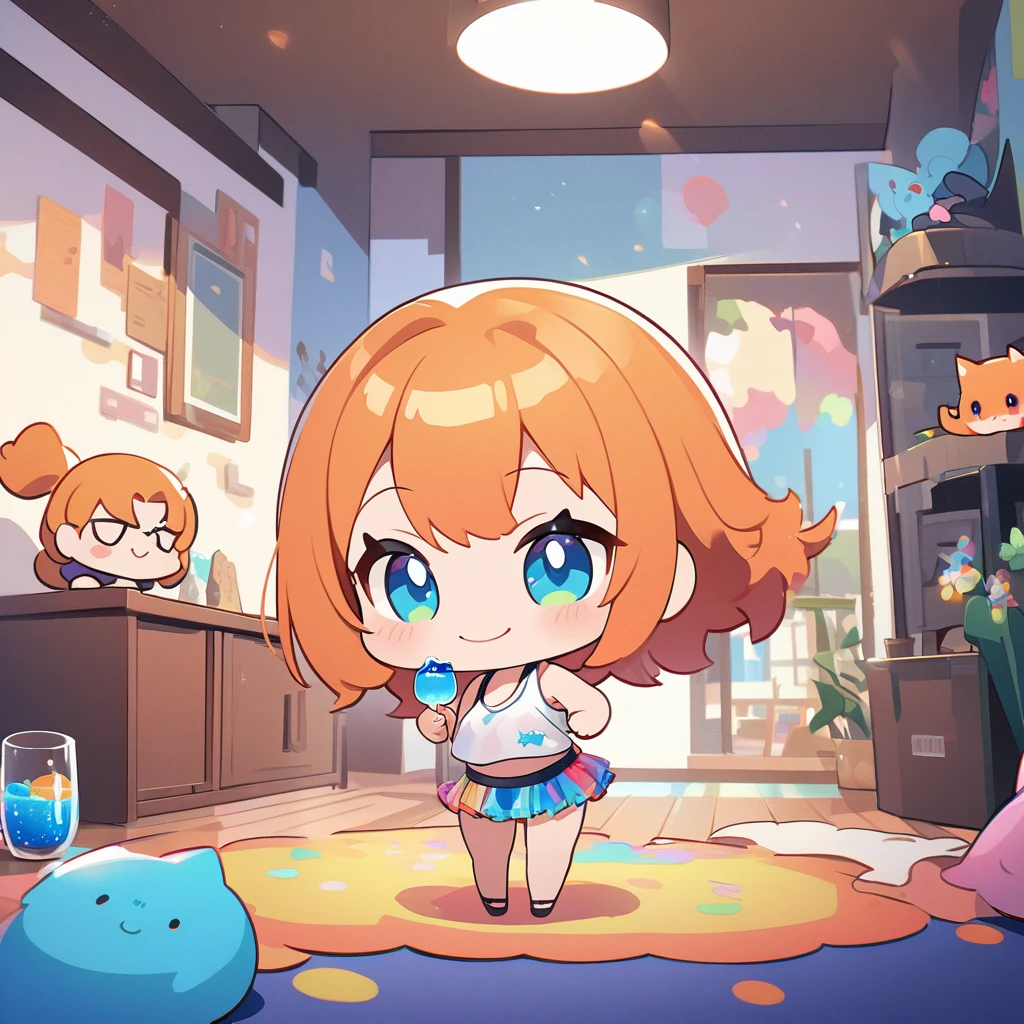 masterpiece、Highest quality、Depth of subject、２D illustration、1 beautiful girl、独奏, (((chibi style)))、Long, beautiful hair、Shiny orange hair、cute、Beautifully detailed eyes、((Tank top))、a glass of blue soda, ((colorful))、mini skirt、((happy smile))、((kitten cluster)), ((full body shot))、((in the room))、((There&#39;s a lot of pink around))、Thighs、((vivid color))、sparkle、((Lens flare))、