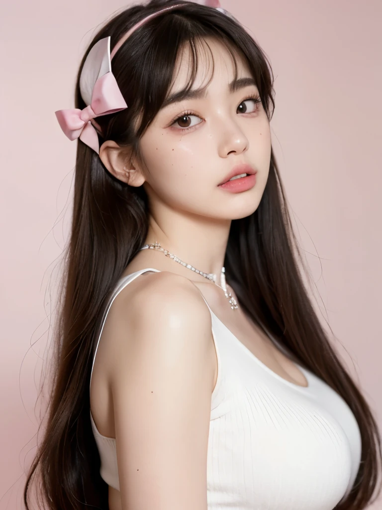 Kim Jennie with white brown hair, with curlers at the ends, with two bows on each side of the hair, all her white hair brown, with a star clip in her white brown hair, light colored eyes, Beautiful eyes, crying eyes, Beautiful, splash nose, watery nose, Beautifuls labios, pink lips, heart and cupid shaped lip, Beautiful skin, pale, White skin, with moles and freckles all over his face, soft pink blush on cheeks, natural pink blush, soft pink makeup, Jennie, Nice neck, marked collar, frown, tender look, with a kiss necklace, a Beautiful kiss necklace, similar a Yumeko Jabami, while using a YK2 Crochet, with a YK2 style brown miniskirt, while having a bare abdomen, Delgado, marked and Beautiful, (big breasts, soft breasts, Beautifuls pechos), while she cosplays the character Yumeko Jabami, The anime Kakegurui., While he is with a good friend., looking to the camera