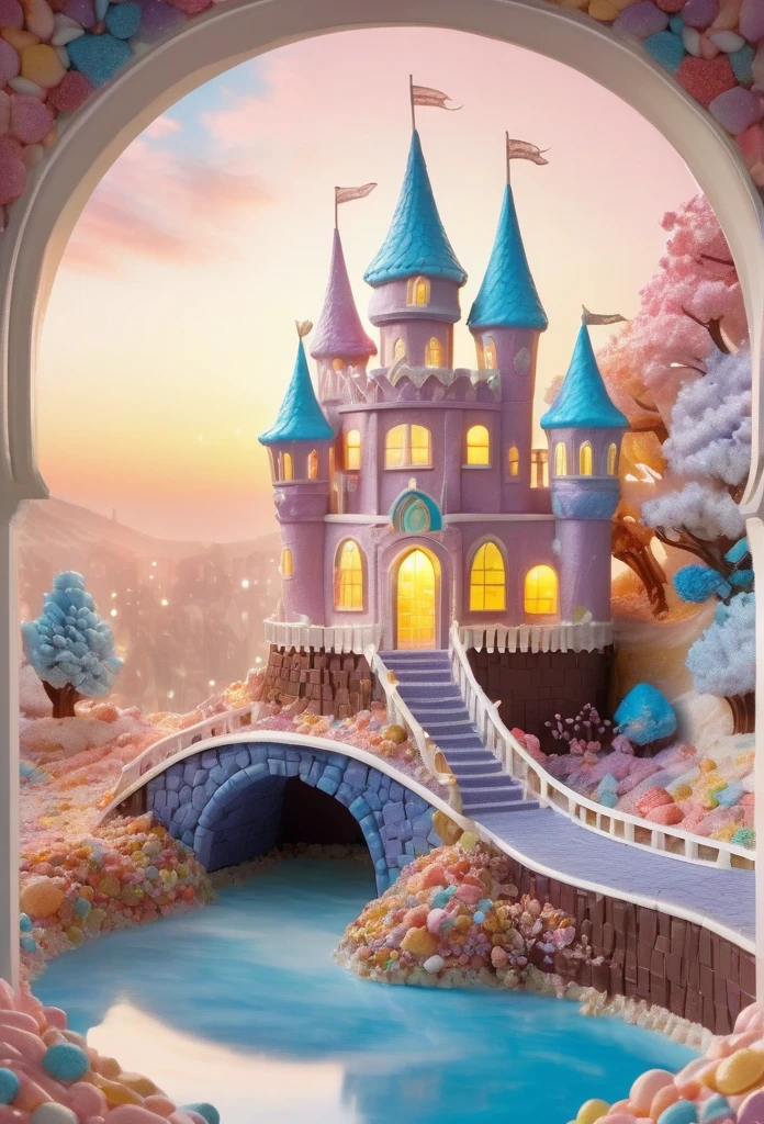 Chocolate Wall Castle, Cookies window, Marshmallow Roof,pastel colors, Fantasy lights, fantasy setting, Sweet, Charming atmosphere, Mouthwatering details, Complex buildings, Magical environment, Sweet joy, Vibrant and whimsical, Fairytale landscape, visually stunning, exquisite craftsmanship, Pleasing beauty, Exquisite sugar sculpture, Pleasing texture, Creamy smooth, indulgent treat, Candy heaven, Sweet and seductive, Sweet wonderland, Delicious and magical.