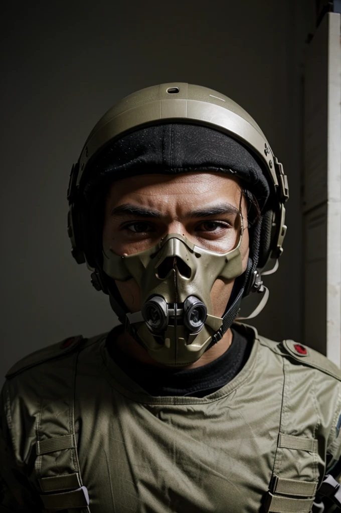 prompt create a soldier with a skull mask on his mouth, with war helmet