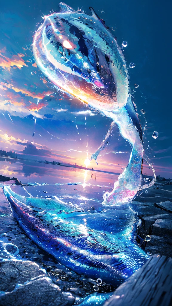 a beautiful girl in the night sky, (best quality,4k,8k,highres,masterpiece:1.2),ultra-detailed,(realistic,photorealistic,photo-realistic:1.37),1girl,starry night sky,whale,night,lone girl,city lights,fine bubbles,night sky,bubble,moon,watercraft,outdoors,short hair,ocean,cloud,coloured glaze
