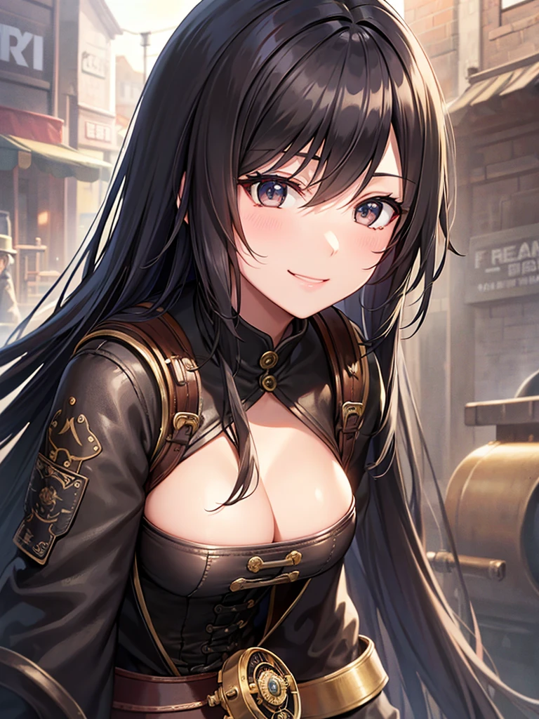 Steam engine town、steampunk、Long black hair、black eye、Woman in her early 20s、Face close-up、smile