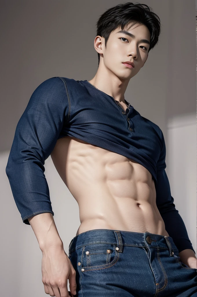 young korean man , 1 boy, white skin , Fine skin, 1 boy, ((realistic)), abdomen, good light quality, muscle veins, ((Pale skin)), football player, (Masterpiece, Special quality, high resolution, 8K, complicated:1.2), (detailed face:1.2), handsome, , Embossed, 1 boy,alone, look at viewer, Balancing the eyes, (((from below))), , (Make eye contact), , shirtless, With super tight navy blue jeans., big Embossed