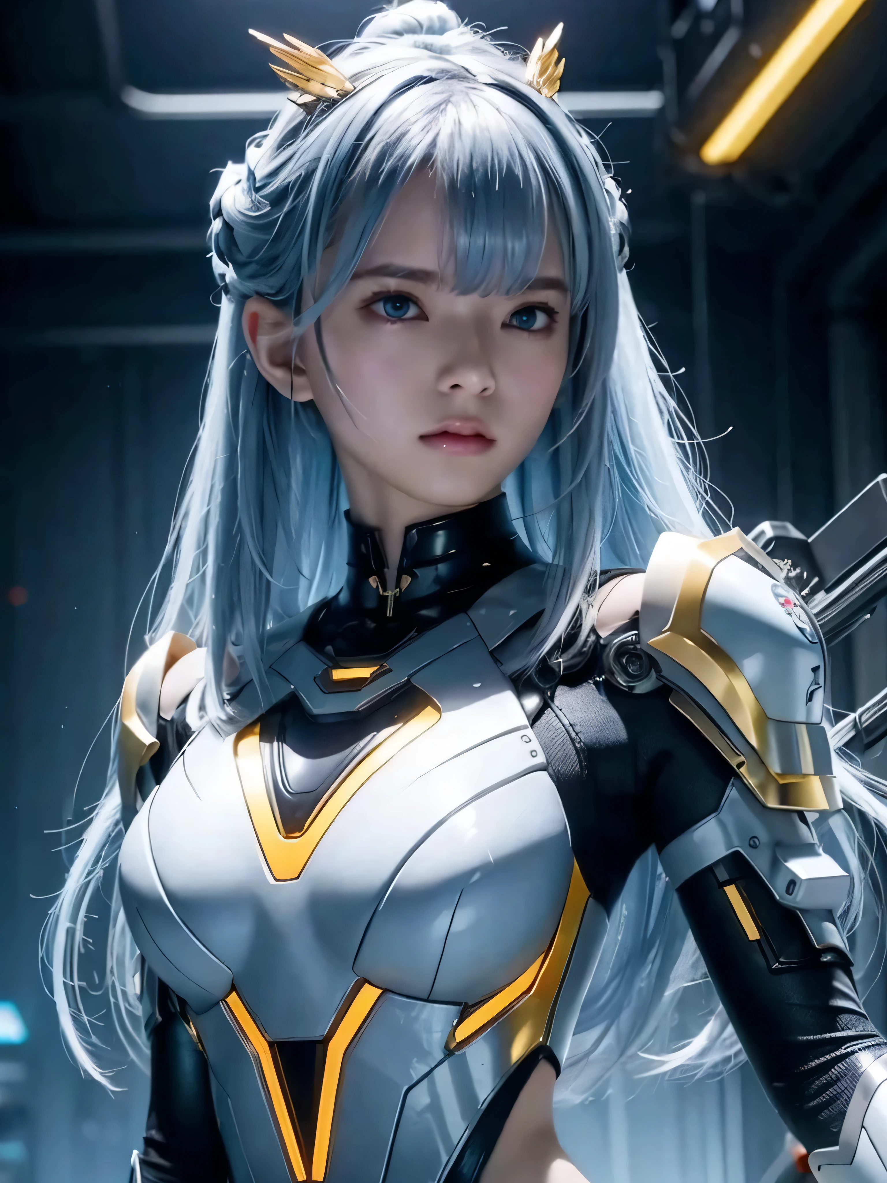 A woman with blue hair and a sword in a futuristic suit - SeaArt AI
