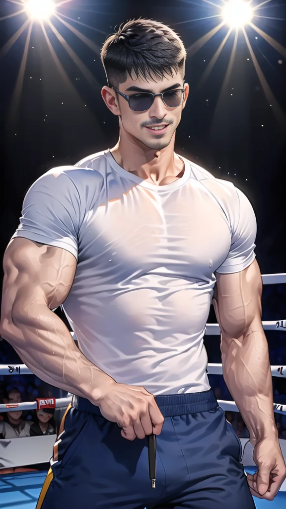 (handsome Man),(Thin mustache:1.1),(crew cut short hair:1.5),black eye,
(navy blue tight-fitting round neck short sleeve T-shirt:1.3),(Police badge:1.3),navy blue cargo pants,(navy_gloves:1,3),(navy_backpack:1.3),(sunglasses:1.3),
Korean guy,chest muscles,large arm muscles,blood vessel,Big muscles,Broad shoulders,(open mouth:1.2),(face up:1.2),(open eyes:1.5),middle of the road,smile,(boxing ring:1.4),