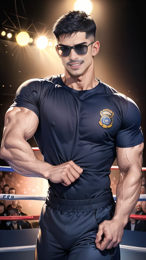 (handsome Man),(Thin mustache:1.1),(crew cut short hair:1.5),black eye,
(navy blue tight-fitting round neck short sleeve T-shirt:1.3),(Police badge:1.3),navy blue cargo pants,(navy_gloves:1,3),(navy_backpack:1.3),(sunglasses:1.3),
Korean guy,chest muscles,large arm muscles,blood vessel,Big muscles,Broad shoulders,(open mouth:1.2),(face up:1.2),(open eyes:1.5),middle of the road,smile,(boxing ring:1.4),