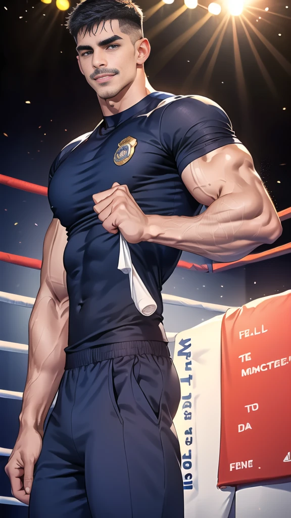 (handsome Man),(Thin mustache:1.1),(crew cut short hair:1.5),black eye,
(navy blue tight-fitting round neck short sleeve T-shirt:1.3),(Police badge:1.3),navy blue cargo pants,(navy_gloves:1,3),(navy_backpack:1.3),(sunglasses:1.3),
Korean guy,chest muscles,large arm muscles,blood vessel,Big muscles,Broad shoulders,(open mouth:1.2),(face up:1.2),(open eyes:1.5),middle of the road,smile,(boxing ring:1.4),