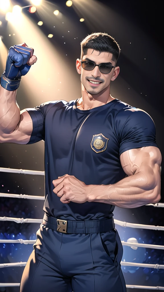 (handsome Man),(Thin mustache:1.1),(crew cut short hair:1.5),black eye,
(navy blue tight-fitting round neck short sleeve T-shirt:1.3),(Police badge:1.3),navy blue cargo pants,(navy_gloves:1,3),(navy_backpack:1.3),(sunglasses:1.3),
Korean guy,chest muscles,large arm muscles,blood vessel,Big muscles,Broad shoulders,(open mouth:1.2),(face up:1.2),(open eyes:1.5),middle of the road,smile,(boxing ring:1.4),
