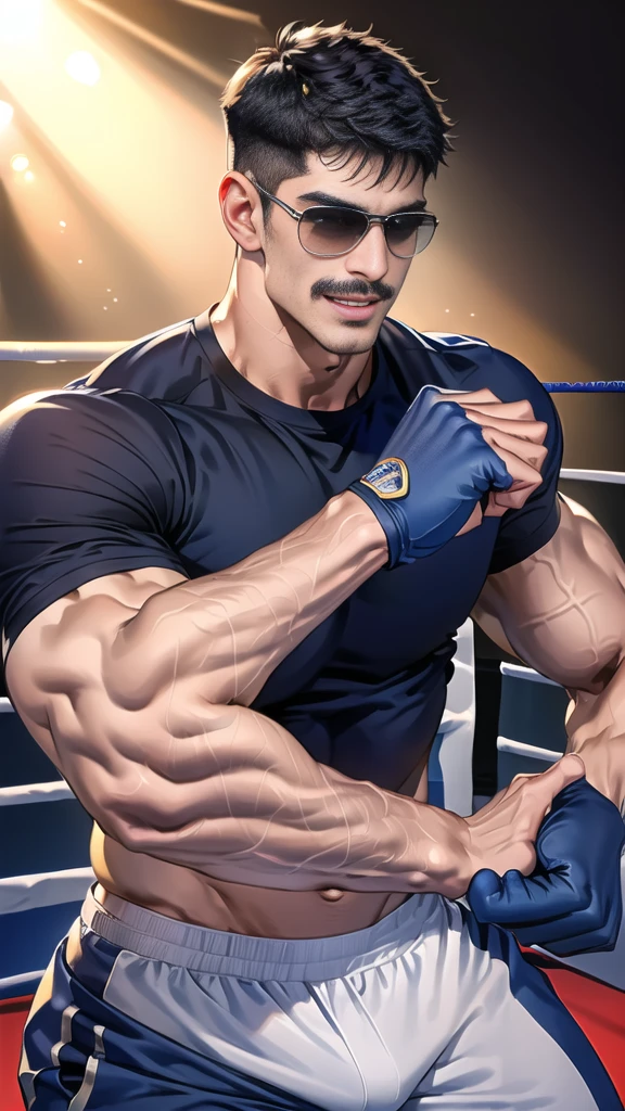 (handsome Man),(Thin mustache:1.1),(crew cut short hair:1.5),black eye,
(navy blue tight-fitting round neck short sleeve T-shirt:1.3),(Police badge:1.3),navy blue cargo pants,(navy_gloves:1,3),(navy_backpack:1.3),(sunglasses:1.3),
Korean guy,chest muscles,large arm muscles,blood vessel,Big muscles,Broad shoulders,(open mouth:1.2),(face up:1.2),(open eyes:1.5),middle of the road,smile,(boxing ring:1.4),