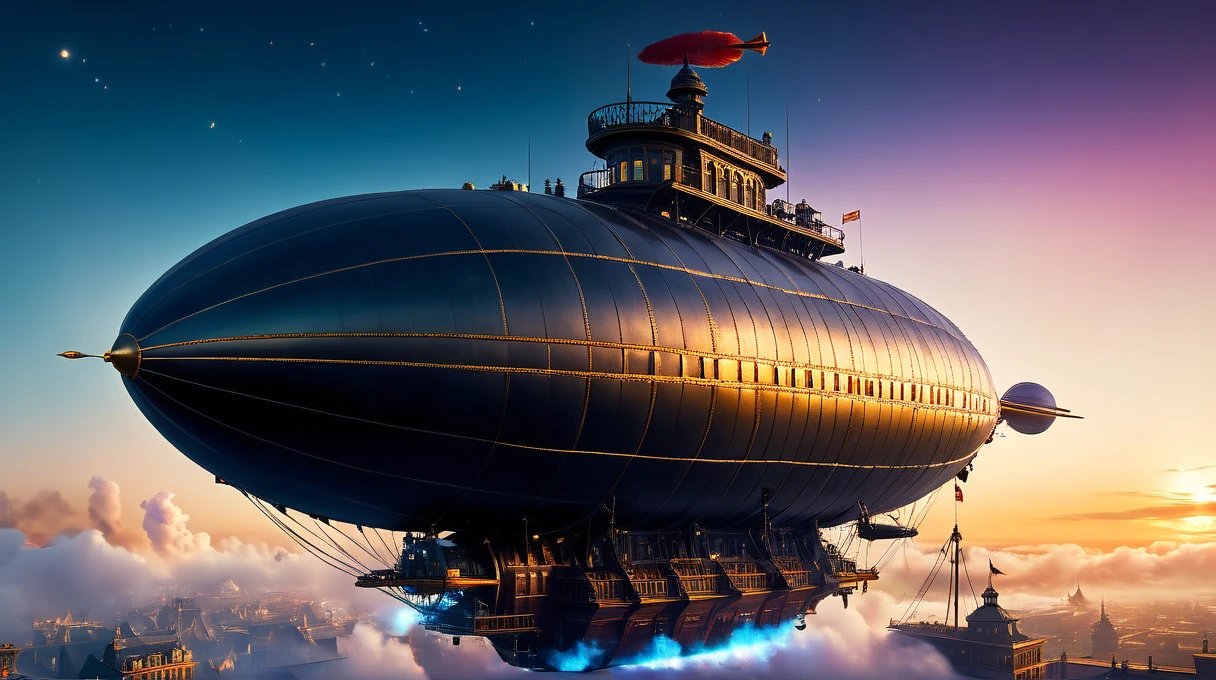 masterpiece, high quality, Clear images, Complex details, Beeple Style, Steampunk Armored Reflex Zeppelin The Order 1886, A motorized balloon spits out a small glass tower., Complex steampunk city, Industrial smoke and vash in the air, evening, Powerful headlights, mist, Colorful nebula galaxy sky, 24mm, 4k Texture, Soft cinematic light, Adobe Lightroom, Photo Lab, High resolution, Complex, elegant, Very detailed, Sharp focus, ((((Cinematic look)))), Calm tone, Insane Details, Complex details, Ultra-detailed, Low contrast, Soft cinematic light, Exposure Blending, High resolution, Faded, 