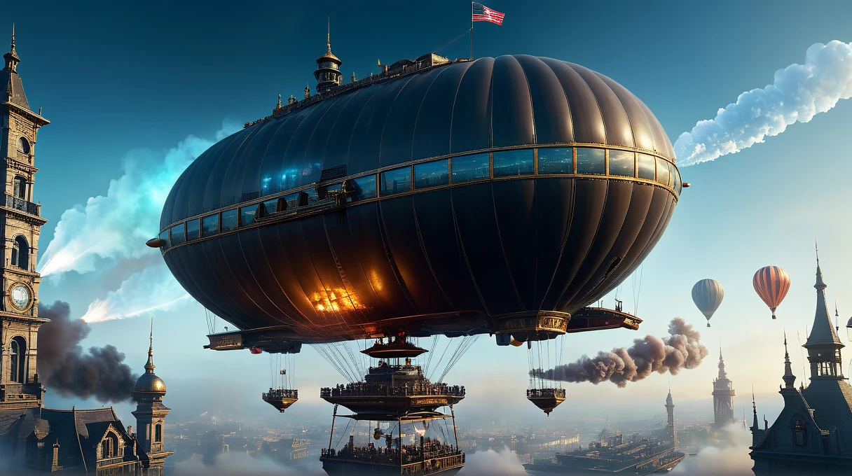 masterpiece, high quality, Clear images, Complex details, Beeple Style, Steampunk Armored Reflex Zeppelin The Order 1886, A motorized balloon spits out a small glass tower., Complex steampunk city, Industrial smoke and vash in the air, evening, Powerful headlights, mist, Colorful nebula galaxy sky, 24mm, 4k Texture, Soft cinematic light, Adobe Lightroom, Photo Lab, High resolution, Complex, elegant, Very detailed, Sharp focus, ((((Cinematic look)))), Calm tone, Insane Details, Complex details, Ultra-detailed, Low contrast, Soft cinematic light, Exposure Blending, High resolution, Faded,