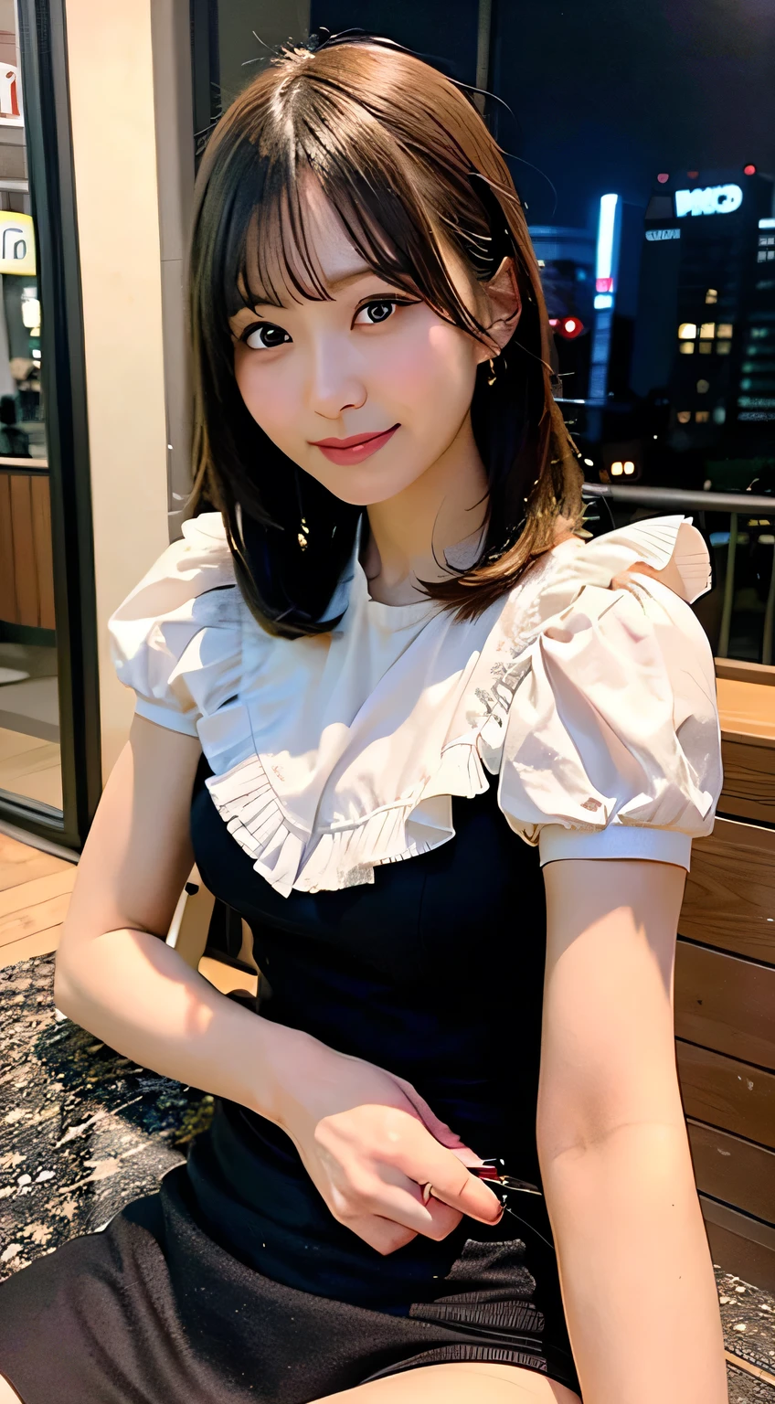 (8K, RAW Photos:1.2),Detailed face and eyes,最high quality, Ultra-high resolution, Very detailed ,Intricate details ,Tabletop ,pretty girl , Soft cinematic light, Hyper Detail,Sharp focus, high quality, outside,Bobcut,Blonde,Browsing Caution, Smile, zettai ryouiki, Skirt, Sit on a chair, Spread your legs, Showing panties、night、深night