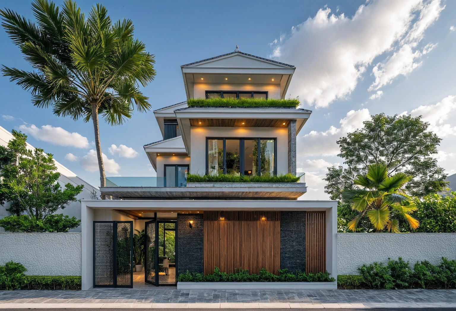 Masterpiece, high quality, best quality, authentic, super detail, outdoors, onestoreyvillaXL, aiaigroup, house style modern on the street ,stairs, white wall ,road,pavement, grass, trees, sky, cloud, (daylight:1.1),((pool front of villa))