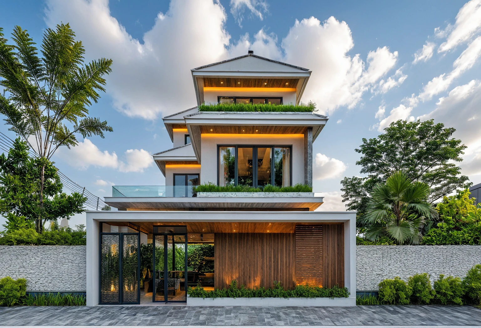 Masterpiece, high quality, best quality, authentic, super detail, outdoors, onestoreyvillaXL, aiaigroup, house style modern on the street ,stairs, white wall ,road,pavement, grass, trees, sky, cloud, (daylight:1.1),((pool front of villa))