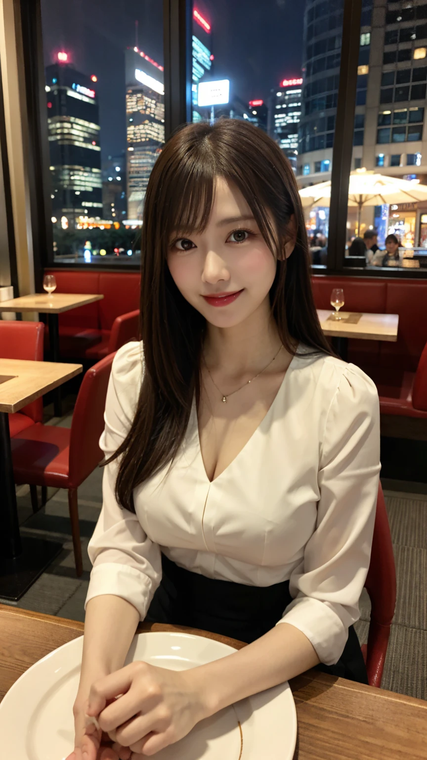 highest quality, masterpiece, 8K, ultra high resolution, (realistic: 1.4), beautiful face, symmetrical eyes, Japanese, brown hair, smile, wearing makeup, high-definition images, atmospheric perspective, super detail, accurate, best quality, (angle from under the table), a Japanese lady, drooping eyes, sleepy face, blush, in the city, busy, skyscrapers, skirt, high heels, necklace, white blouse , restaurant with large windows, takes a seat, (other customers), night scene, windows have harbor view, foods, romantic dinner 