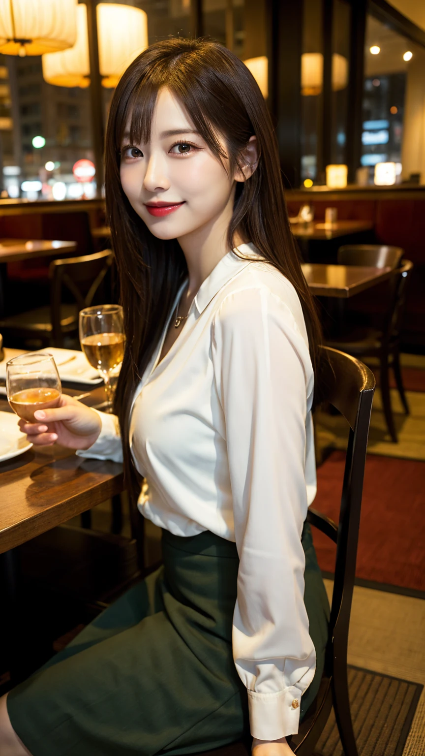 highest quality, masterpiece, 8K, ultra high resolution, (realistic: 1.4), beautiful face, symmetrical eyes, Japanese, brown hair, smile, wearing makeup, high-definition images, atmospheric perspective, super detail, accurate, best quality, (angle from under the table), a Japanese lady, drooping eyes, sleepy face, blush, in the city, busy, skyscrapers, skirt, high heels, necklace, white blouse , restaurant with large windows, takes a seat, (other customers), night scene, windows have harbor view, foods, romantic dinner 