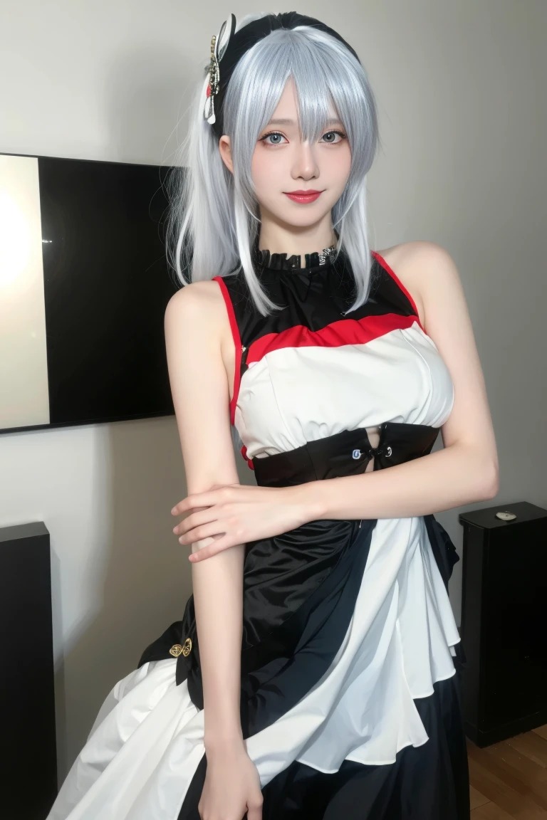 best quality, tmasterpiece,Ultra-high resolution,Clear face,(Reality:1.4),ferpect lighting, (upper body photo), (photorealistic:1.50), anime wallpaper, Guviz style artwork, cover-up fantasy up to magic , by Yang J, Guviz, beautiful artwork illustration, beautiful digital artwork, beautiful digital illustration, Li Song, beautiful anime portrait, art style in Beauvot, 1girl, indoors, soft lighting, absurdres, looking at the audience, 独奏, long hair, serafuku, official art, formal alternative costume, blunt bangs, hair bands, hair bands, red ribbons, sailor shirts, sailor collars, pleated skirts, petticoats, black ribbon, cate, Looking viwer, Bare shoulders, (hair ornament), Earring, jewelry, white hair, One eye is covered by hair, smile,
