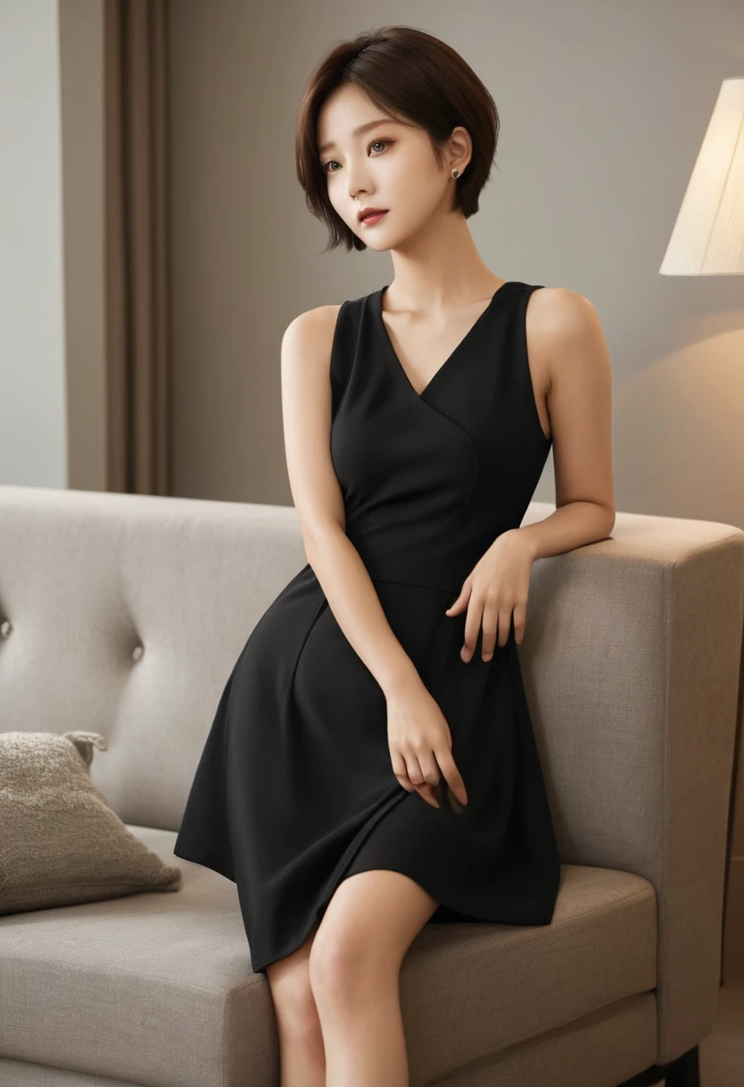 Comfortable everyday look, woman in black dress, living room, chest B cup, Inspired by Jiwon Kim, jiyun chae, inspired by Russell Lu Dongjun, Song inspired by Gao Qipei, by Russell Lu Dongjun, Inspired by Shin Min-jeong., /Short hair