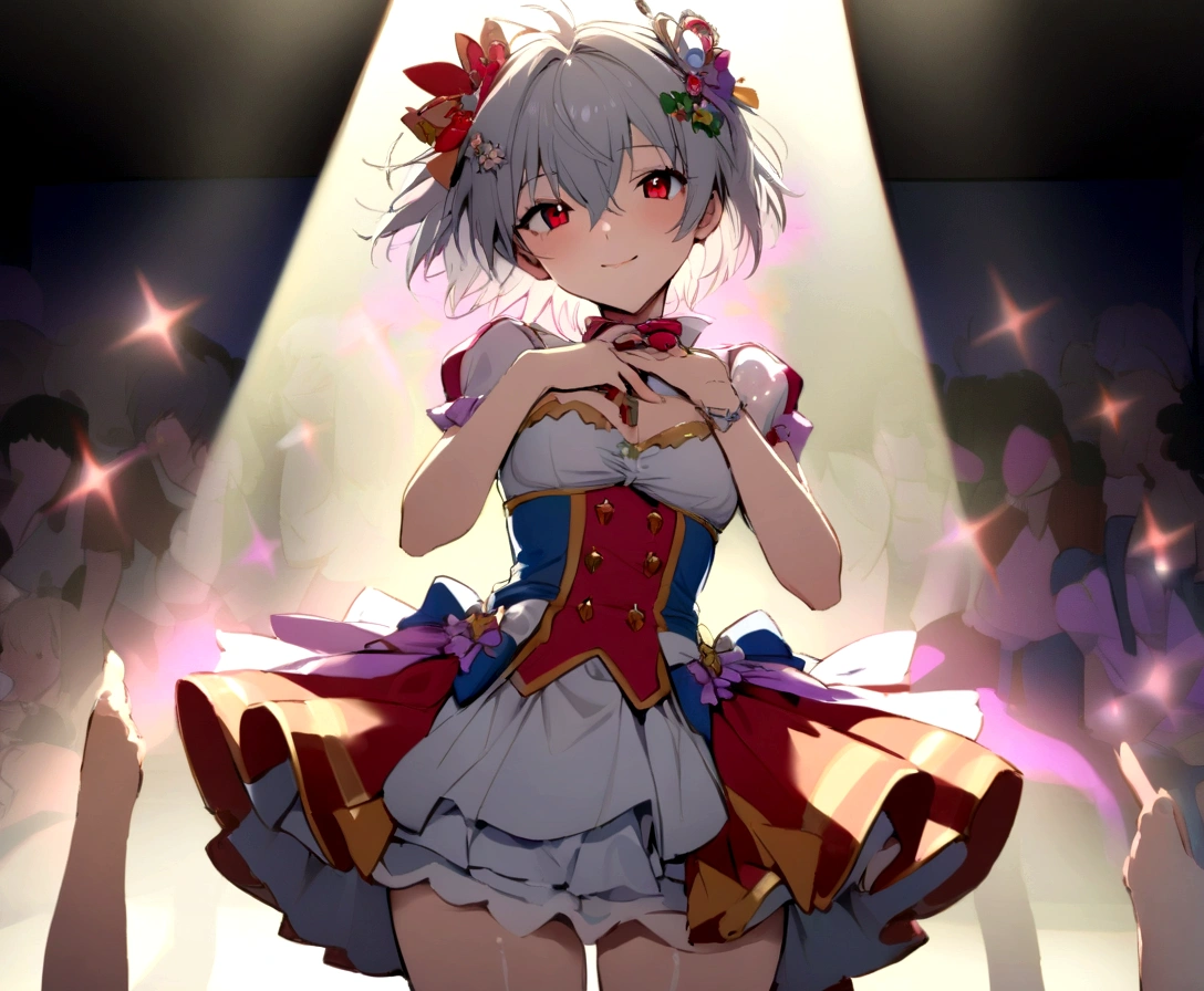 masterpiece, best quality, evangelion kaworu nagisa, kaworu nagisa, red eyes, seductive, hot, cute, cheerful face, cute poses, bright shining aura, (idol, on stage, spotlight, cute clothes, hair accessories, alot of accessories), center of attention, audience