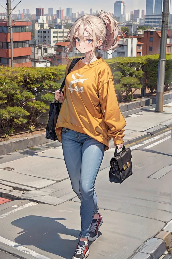 (masterpiece), (high resolution 8K), professional illustration, 1 girl, late teenage, walking, full body, bird's eye view, sweatshirt, jeans, , ponytail, smile, looking away, cityscape in Tokyo, morning, in summer, natural lighting, stunning face, detailed eyes and face,carry a bag
