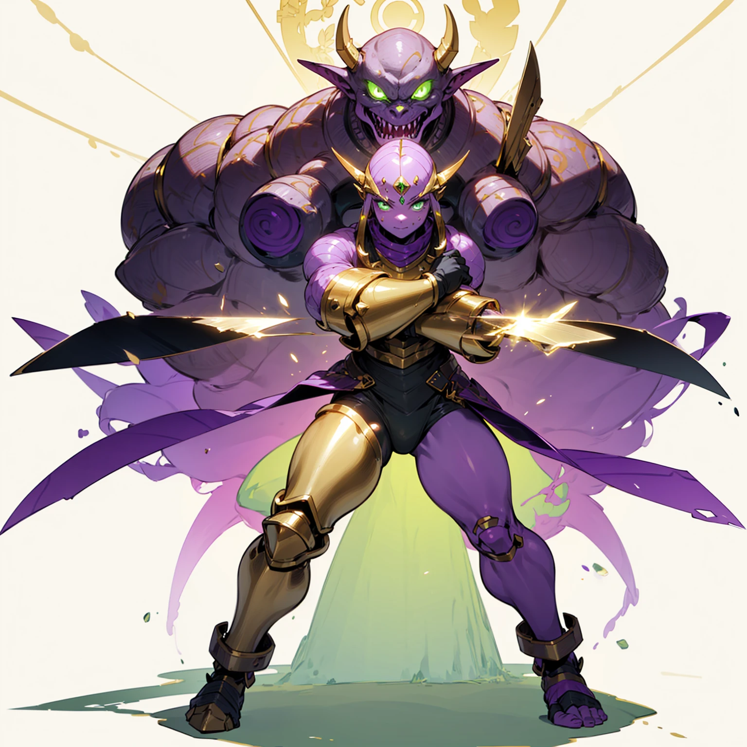 (Random Evolution, Colossal ogre mixed alien), gold armor body, carrying a knife, full body version, four hands, full purple and gold colour skins, (green eyes), (Grassroots), no background