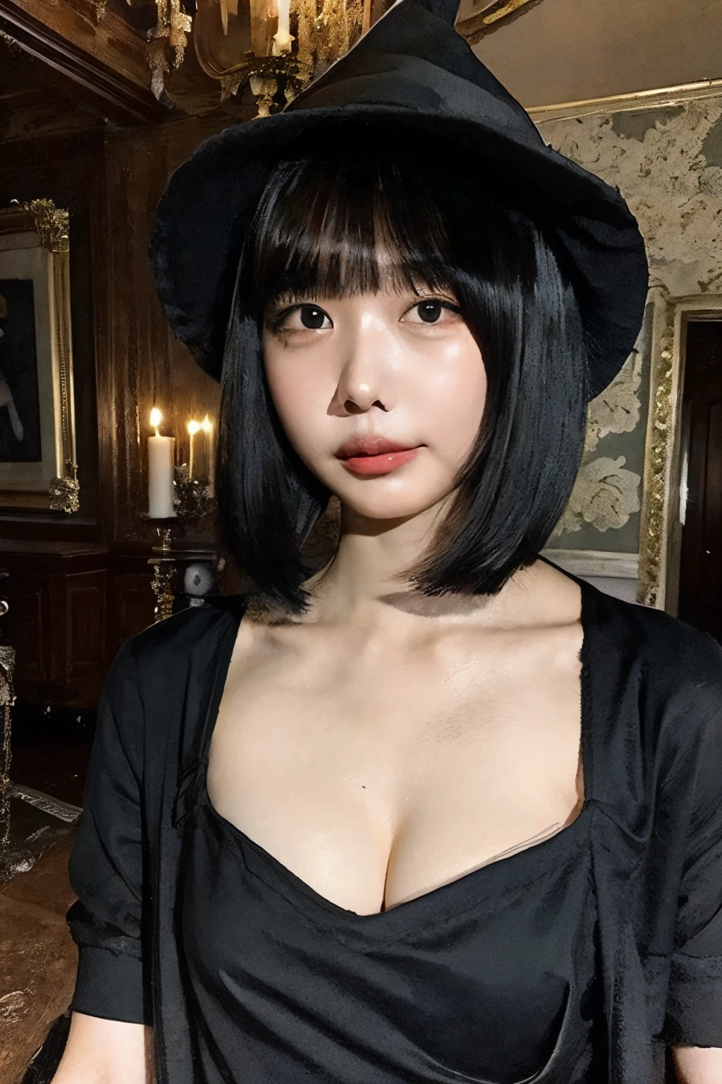 Black Hair、short hair、With bangs、Witch Hat、Beautiful breasts、Slim body、sexy witch costume、In a creepy mansion