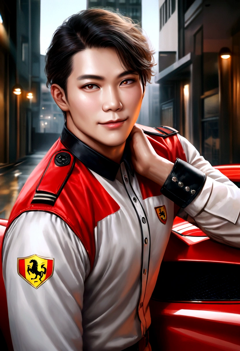 Asian Man 30yo , Fading dark dark short hair, Security guard, Expressing confidence,Sharp jaw,bright skin,Smiles,handsome face,standing pose,Backdrop of high-rise buildings,Professional Studio Lighting,Realistic,Ferrari, photorealistic portrait:1.37,portraits,vibrant colours,Cool tones,gentle lighting