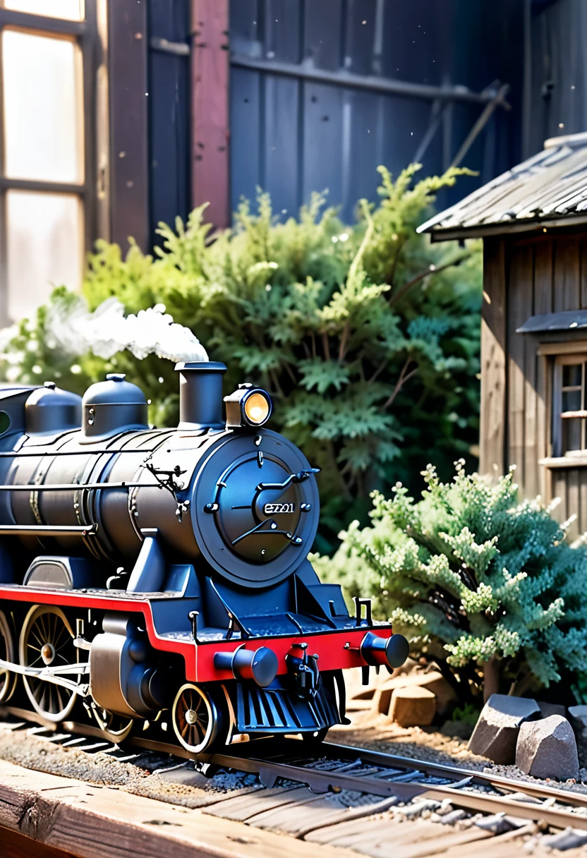 (masterpiece: 1.4)face of a rough old man partly out of frame inspecting a beautiful large and extremely detailed miniature train set, steam locomotive, tiny trees, layered, (on top of a rough wooden messy table), dusty, inside a old dust garage, hyper realistic, photorealism, rough skin, imperfections, (dark moody), vivid lighting, atmospheric haze, macro shot, extremely detailed, sunrays piercing the window, (up-close macro shot), raw photo
