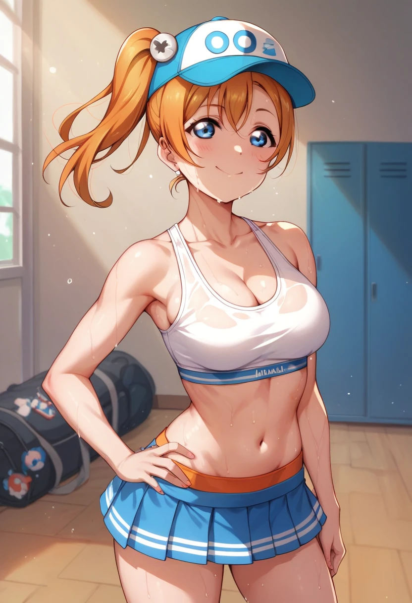 Honoka kousaka love live, cowboy shot, blue eyes, orange hair, micro skirt, tinnies crop top,cap, sweating, cleavage , tinnies stadium ,hand on hip, school sports room