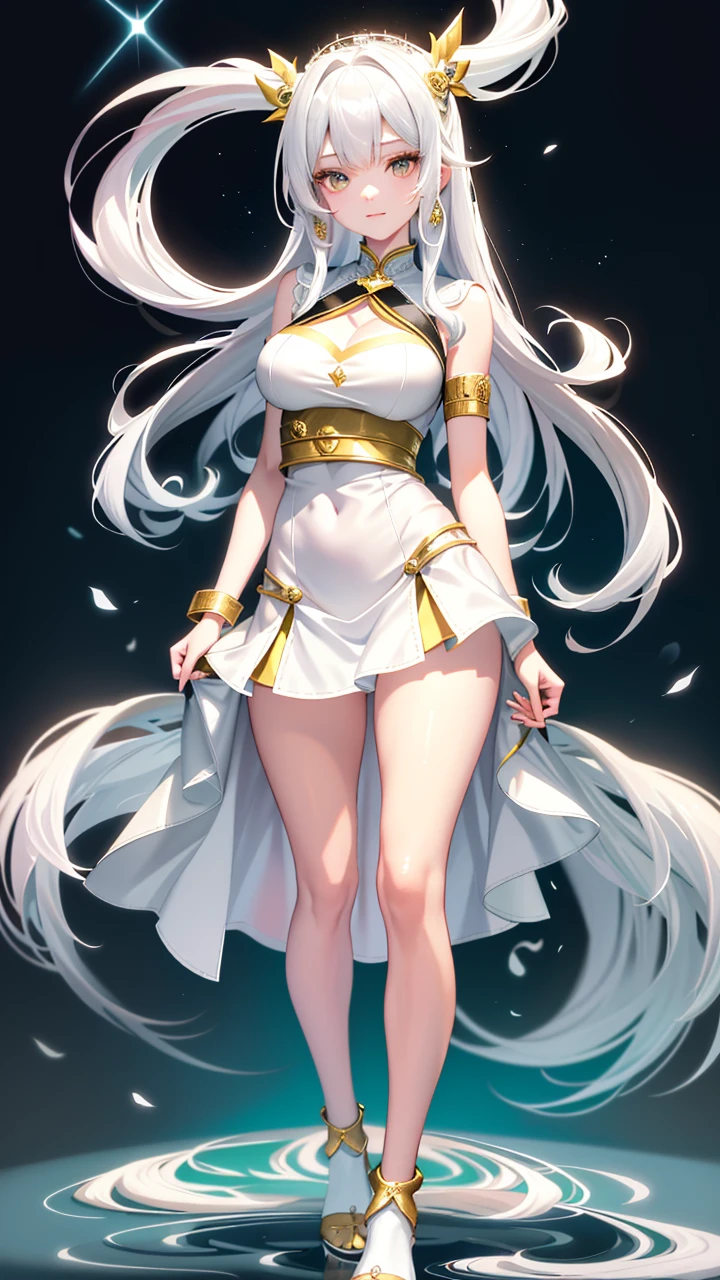 Anime girl in white with a flowing white dress and gold accents., Whole Xianxia, white haired god, ((Beautiful Fantasy Empress)), flowing white coat, anime goddess, Hess Jinyao, Beautiful Fantasy Empress, long, fine white hair, Flowing magic cloak, Anime Barbie in a white dress, beautiful heavenly mage, goddess. Very high detail