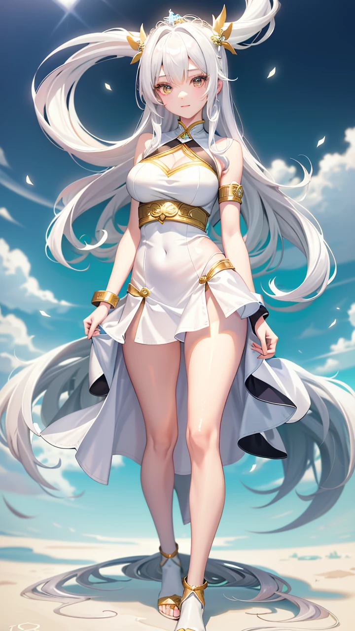 Anime girl in white with a flowing white dress and gold accents., Whole Xianxia, white haired god, ((Beautiful Fantasy Empress)), flowing white coat, anime goddess, Hess Jinyao, Beautiful Fantasy Empress, long, fine white hair, Flowing magic cloak, Anime Barbie in a white dress, beautiful heavenly mage, goddess. Very high detail