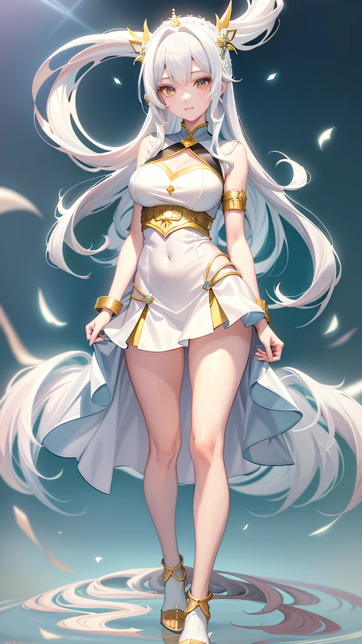 Anime girl in white with a flowing white dress and gold accents., Whole Xianxia, white haired god, ((Beautiful Fantasy Empress)), flowing white coat, anime goddess, Hess Jinyao, Beautiful Fantasy Empress, long, fine white hair, Flowing magic cloak, Anime Barbie in a white dress, beautiful heavenly mage, goddess. Very high detail