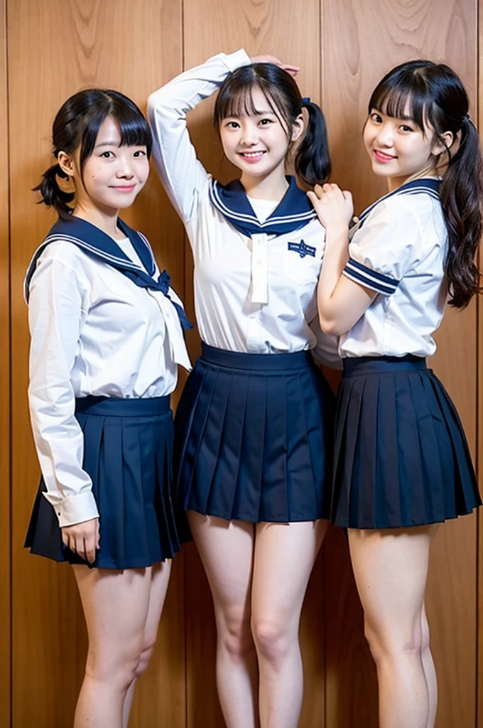 3 girls lifting up skirt in wooden school classroom,white sailor shirt,navy blue pleated skirt,white panties,18-year-old,bangs,a little smile,thighs,knees,wet short hair with low pigtails bunches,from beside,front light