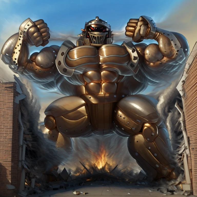 SOLO (masterpiece. official art. 8k. best quality. detailed full body. full body.)

(situation 1 : dominating Armored Flazzard. Armored Flazzard is over 1000 meters long. focus GIANT mechanical Muscular Armored Flazzard is trampling the city. Looking down. macro. stomp. Low-angle perspective. emphasizing the immense size.)

(situation 2 :smoke and flames rising from the destruction in the city)

(Additional details 1: real texture material. whole body shines like metal. emphasizes the muscles. suit fully made of metal.).

(Additional details 2: Detailed head. Detailed Body. Detailed abs. gigantic muscles. HYPER MUSCLES. Gigachad Muscular. big muscle. pecs. triceps. traps. unusually developed muscular body. body full of huge muscles. showing off muscles. pectorales enormes. Exaggeratedly huge muscles. huge muscles. long legs.).
