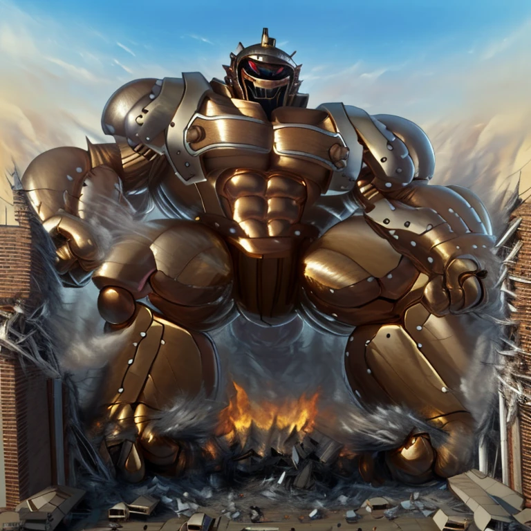 SOLO (masterpiece. official art. 8k. best quality. detailed full body. full body.)

(situation 1 : dominating Armored Flazzard. Armored Flazzard is over 1000 meters long. focus GIANT mechanical Muscular Armored Flazzard is trampling the city. Looking down. macro. stomp. Low-angle perspective. emphasizing the immense size.)

(situation 2 :smoke and flames rising from the destruction in the city)

(Additional details 1: real texture material. whole body shines like metal. emphasizes the muscles. suit fully made of metal.).

(Additional details 2: Detailed head. Detailed Body. Detailed abs. gigantic muscles. HYPER MUSCLES. Gigachad Muscular. big muscle. pecs. triceps. traps. unusually developed muscular body. body full of huge muscles. showing off muscles. pectorales enormes. Exaggeratedly huge muscles. huge muscles. long legs.).
