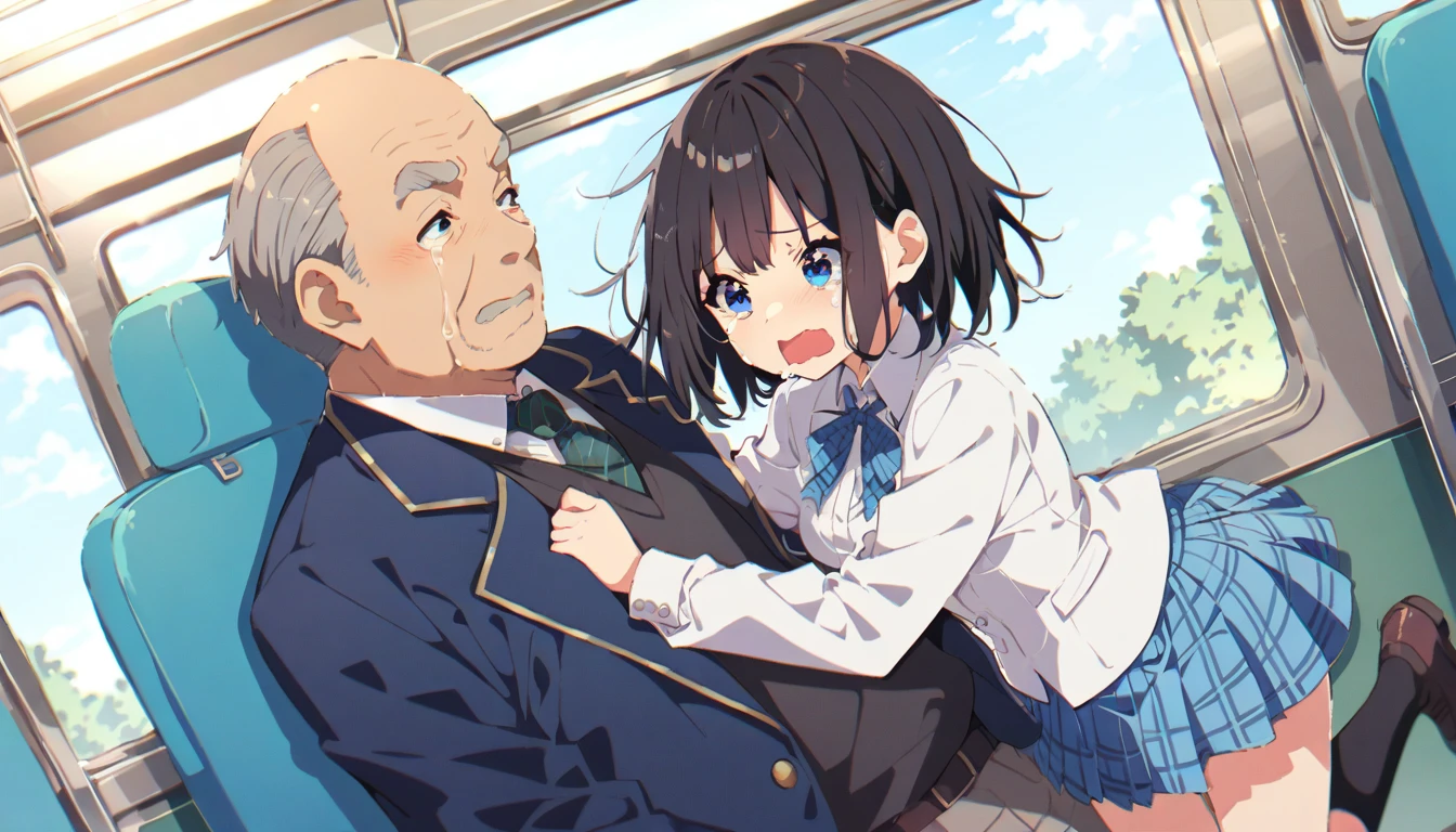 Crying girl with black bob hair、Small breasts、Blazer uniform, blue checked skirt、A middle-aged man is lifting up her skirt on the train、whole body