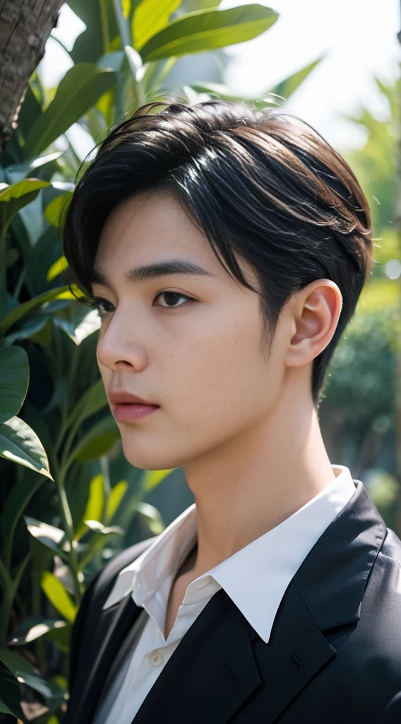 (realistically, Masterpiece, High resolution 8K, good light quality, Portrait, closed on face, complicated details), Handsome Korean Uncle, Beard,Age 40, Staring at desire, detailed face, Detailed eyes, look at the sky, shirt, suit lac suit,tick,黑Eyes, (Pale skin), body standards,brown hair, smooth hair,Big Back, Outdoor activities, evening, sunset,office room, Exaggerated, impersonal
