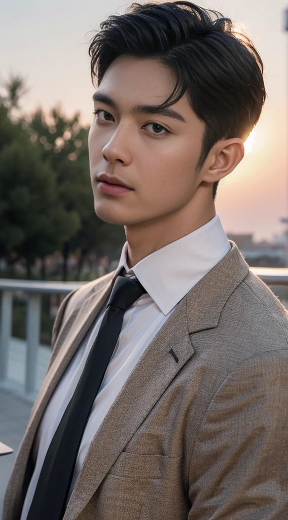 (realistically, Masterpiece, High resolution 8K, good light quality, Portrait, closed on face, complicated details), Handsome Korean Uncle, Beard,Age 40, Staring at desire, detailed face, Detailed eyes, look at the sky, shirt, suit lac suit,tick,黑Eyes, (Pale skin), body standards,brown hair, smooth hair,Big Back, Outdoor activities, evening, sunset,office room, Exaggerated, impersonal