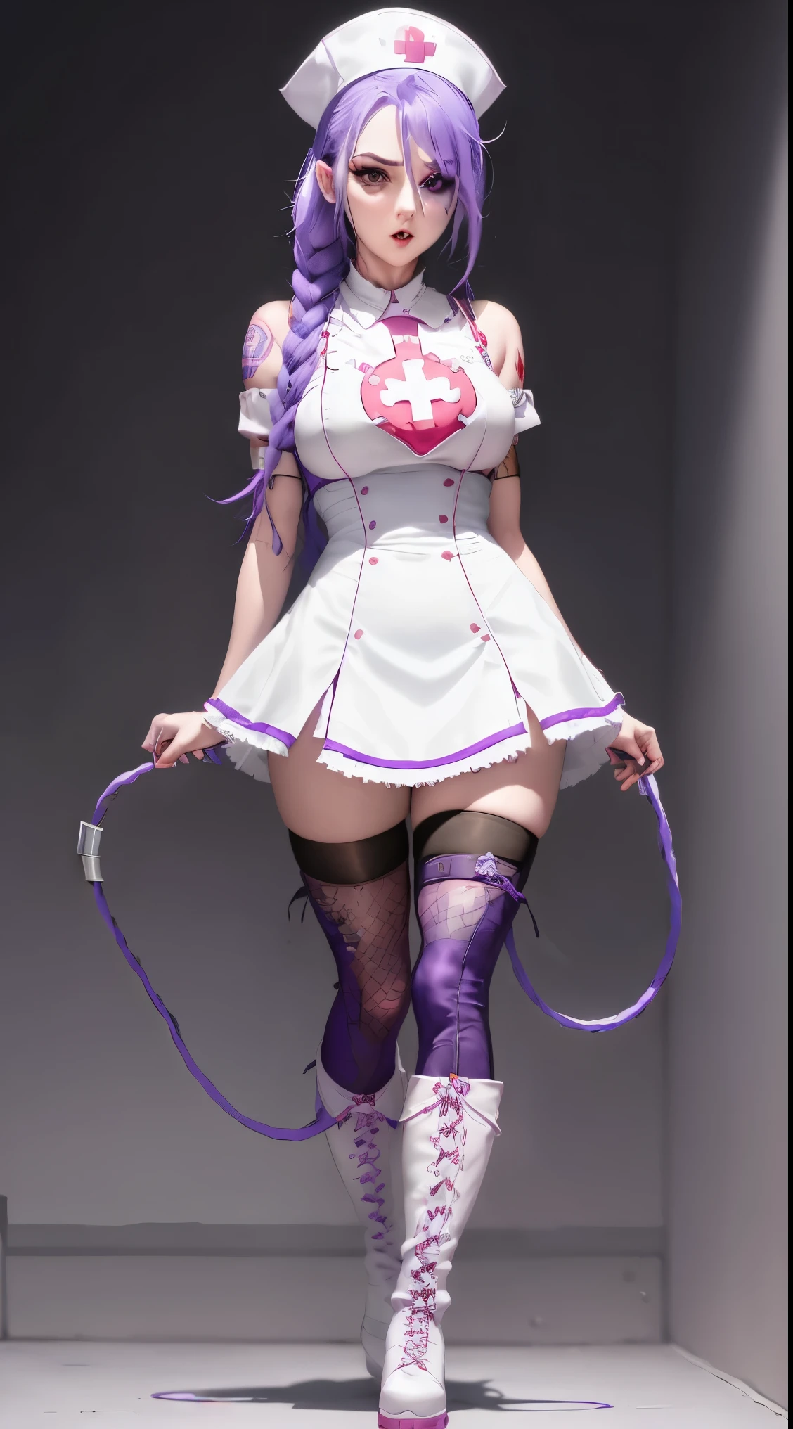 Jinx Nurse，Nurse Hat，(White nurse costume)，Rote Rose Tattoo am Arm，Blue twisted braid，Runaway Lori，League of Legends ，Full body，(knee-high boots)),purple rosin mesh leggings),(stand on one&#39;s feet)，The background is dark and hard，There is a feeling of danger and intensity。