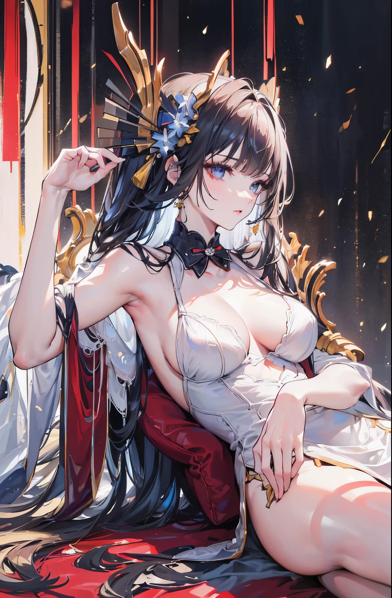 (best quality, highres, masterpiece:1.2), ultra-detailed, (realistic, photorealistic, photo-realistic:1.37), HDR, UHD, studio lighting, ultra-fine painting, sharp focus, physically-based rendering, extreme detail description, professional, vivid colors, bokeh, portraits, beautiful detailed eyes, beautiful detailed lips, extremely detailed eyes and face, long eyelashes, 1 girl, hot and mature woman, graceful dress, sitting on a throne, slim figure, white skin tone, sexy legs, long straight hair, sexy lingerie, sexy posture