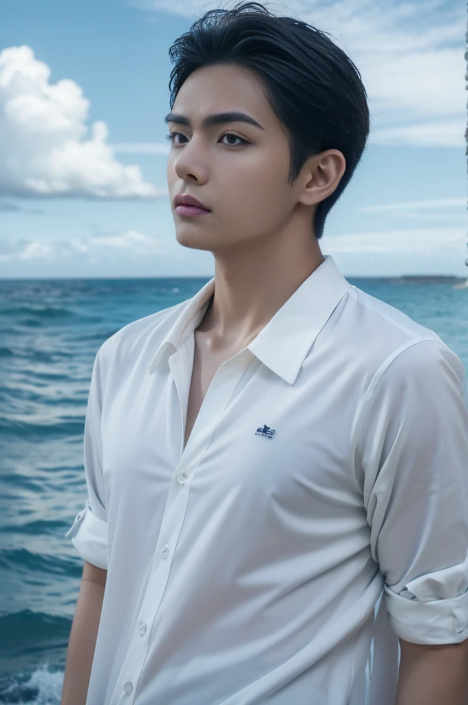 A young man in a shirt stood by the sea with a serious expression., looking into the distance,Eyebrows frowned.,He looked worried.,Turn your head slightly.,Cloudy day