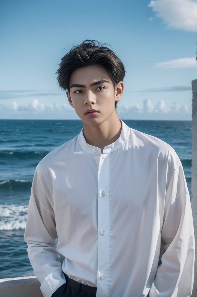A young man in a shirt stood by the sea with a serious expression., looking into the distance,Eyebrows frowned.,He looked worried.,Turn your head slightly.,Cloudy day