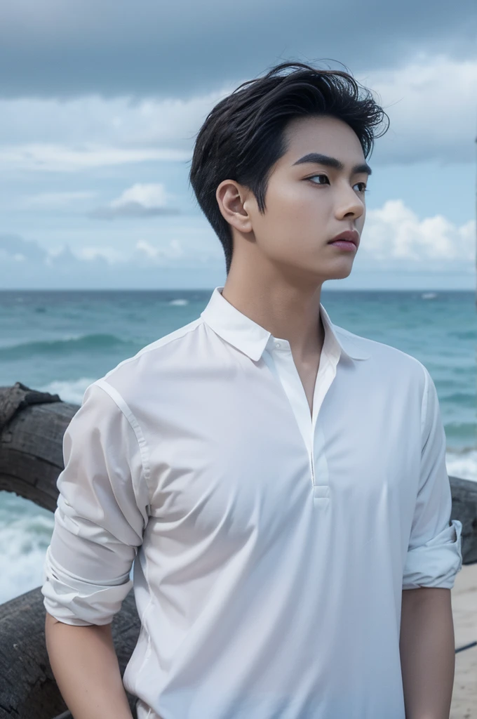A young man in a shirt stood by the sea with a serious expression., looking into the distance,Eyebrows frowned.,He looked worried.,Turn your head slightly.,Cloudy day