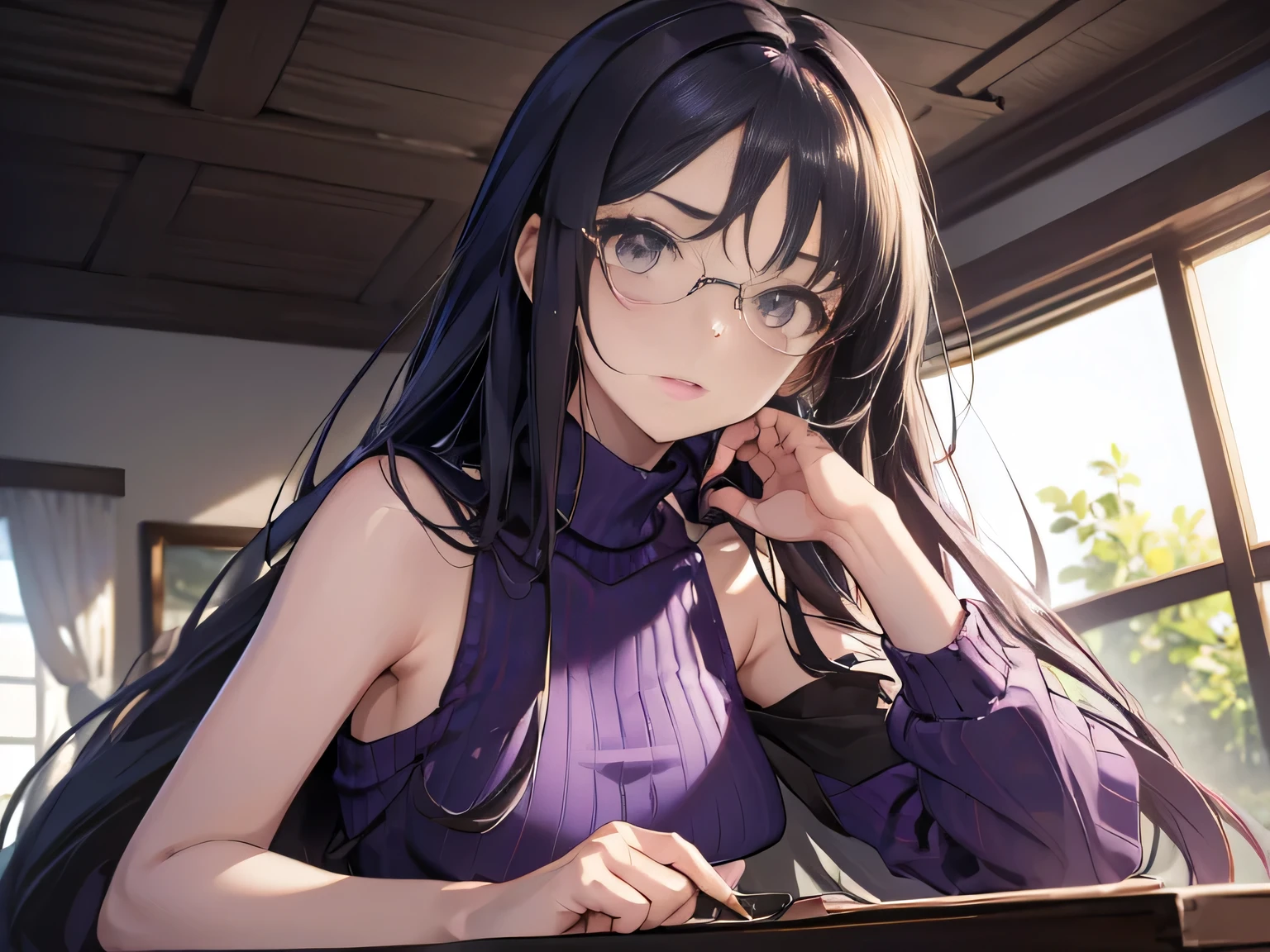 ((masterpiece)), accurate, high details, (detailed eyes), best quality, highres, super detail, Turtleneck sweater, sleeveless, flare skirt, (lavender colored clothing), black hair, long hair, straight hair, mole under eye, rimless eyewear, Inside the room, afternoon sun, Put her hands behind her back, from below