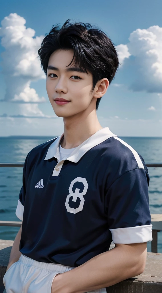 (As a matter of fact, Masterpiece, 8k HD, good light quality, sportswear, fit the face, complicated details), Handsome Korean young man, 20 years old, be happy, smile brightly, detailed face, delicate eyes, มองดูsky, Wear casual clothes, period, black eyes, Black hair color, ผมsmooth, smooth, outdoor sports, By the sea, Sunny,sky,Surreal,Awesome details,Highest quality,real,