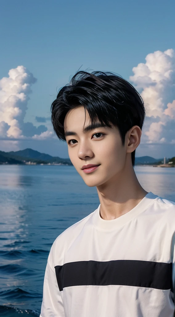 (As a matter of fact, Masterpiece, 8k HD, good light quality, sportswear, fit the face, complicated details), Handsome Korean young man, 20 years old, be happy, smile brightly, detailed face, delicate eyes, มองดูsky, Wear casual clothes, period, black eyes, Black hair color, ผมsmooth, smooth, outdoor sports, By the sea, Sunny,sky，Surreal，Awesome details，Highest quality，real，